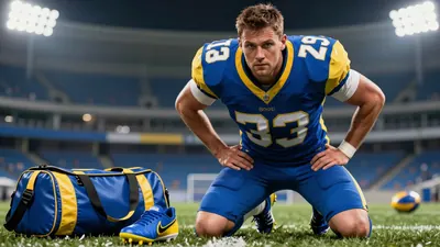A 30-year-old, athletic, male, football player, wearing a blue and yellow jersey, with a white shirt underneath, and blue...