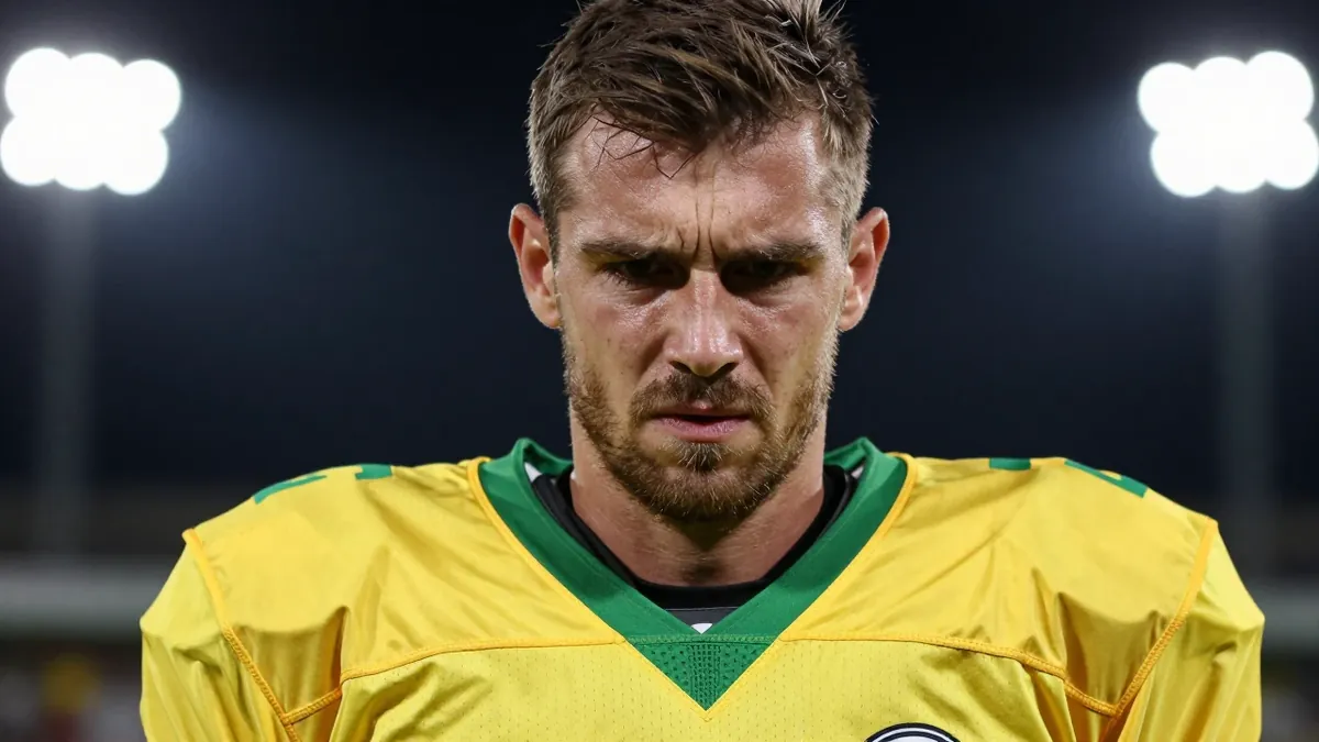 A 30-year-old male football player, wearing a yellow and green jersey, looking frustrated, with a shallow depth of field