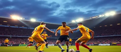 Anis Ben Slimane celebrating a goal, arms outstretched, wearing a plain gold-green Norwich kit, realistic skin and sweat...