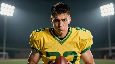 A 25-year-old male football player, wearing a yellow and green jersey, with a determined expression, photographed with an...