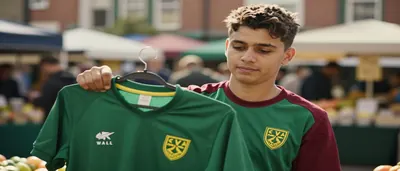 A young stall vendor in a plain green and dark red training top, holding a classic Norwich City shirt, warm market light...