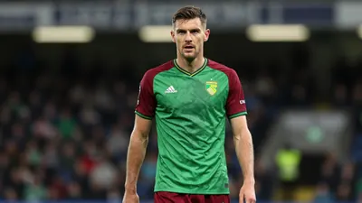 Mid-30s seasoned midfielder, athletic build, waist-up, wearing Norwich City home kit - green shirt with dark red sleeves...