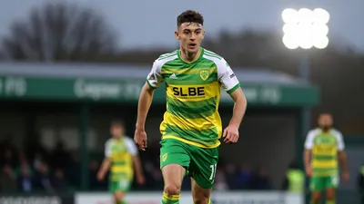 A tight waist-up shot of a young, anonymous Norwich City player in a green and yellow jersey, with a white shirt and...