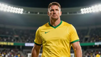 A 35-year-old, athletic-looking, male football coach with a strong build, wearing a bright yellow and green jersey with a...