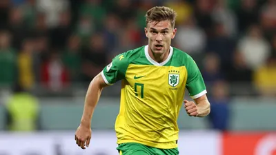 A photorealistic image of an anonymous 25-year-old Dutch footballer in a green and yellow jersey with a white collar...